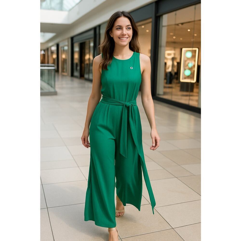 Premier Amour Green Sleeveless Wide Leg Jumpsuit Women's 12 Belted
